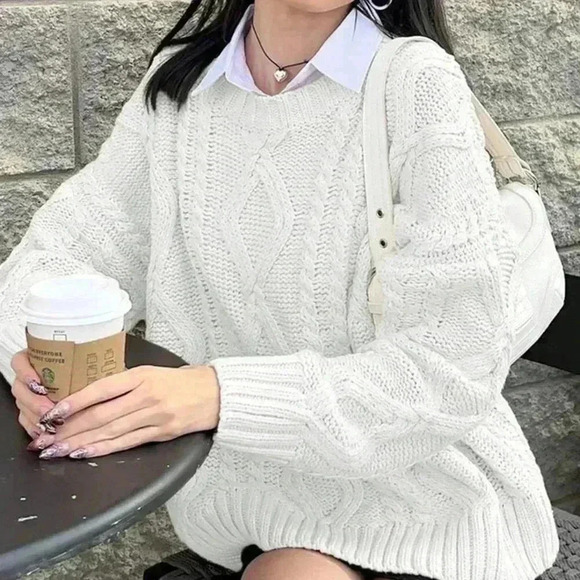 White Casual Women's Deep Round Neck Cable Knit Loose Pullover Sweater - Picture 5 of 7